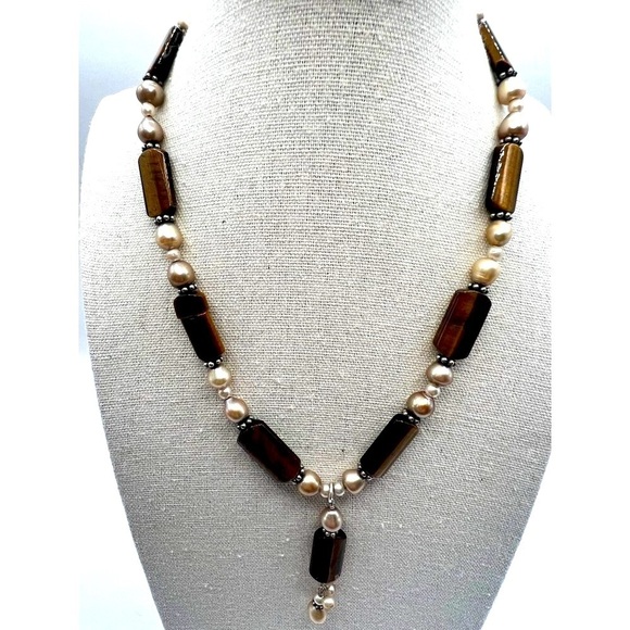 Tiger's Eye & Genuine Pearl Necklace With Silver Accents    A39 - Picture 1 of 9